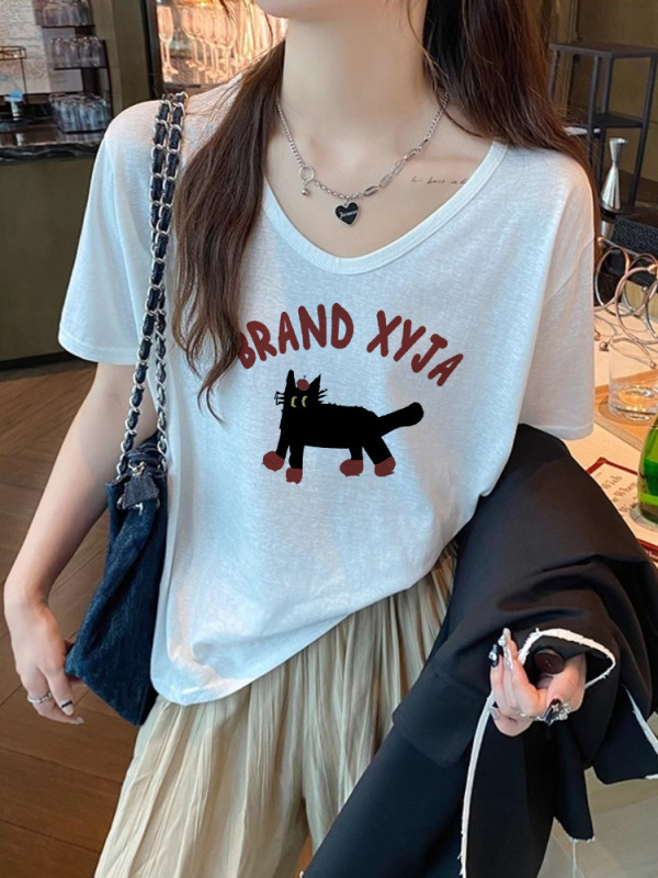 美式复古正肩V领短袖t恤女夏季竹节棉薄款大码宽松显瘦上衣小个子|undefined