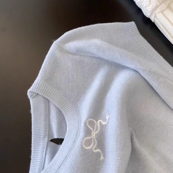 ブルーリボン刺繍薄手ニット半袖Tシャツレディース2025夏新作中空ショルダートップ|undefined