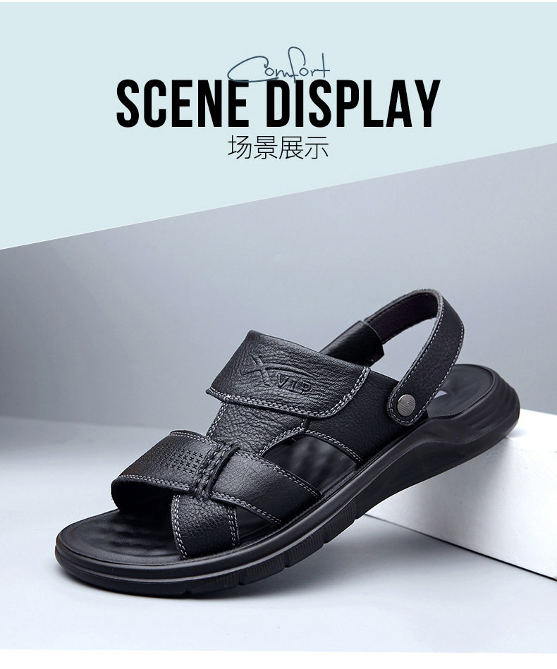 Dép sandal nam da bò hở ngón gót bằng 2,5 cm thoáng khí chống trượt — Kaki, Màu đen chi tiết 13