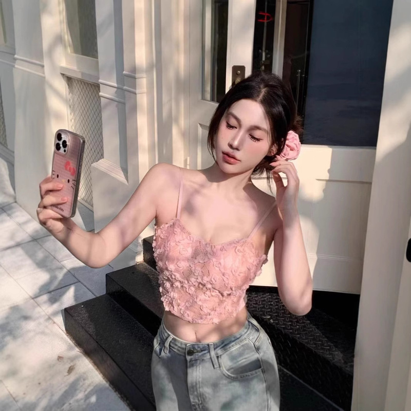 New Retro Lace Rose Embroidery Craft Design Sense Small Sling Spring and Summer Sweet Spice Girl's Tight Waist Vest