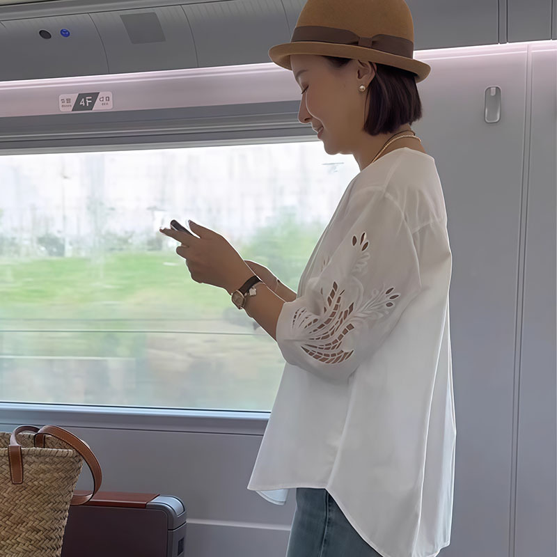 中空刺繍七分袖白シャツ女性用 2025 夏の新スリムコットンシャツ気質年齢軽減トップ女性用|undefined