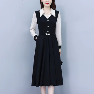 娜2551高级感假两件套连衣裙女2026秋冬新款修身减龄长袖中长裙子