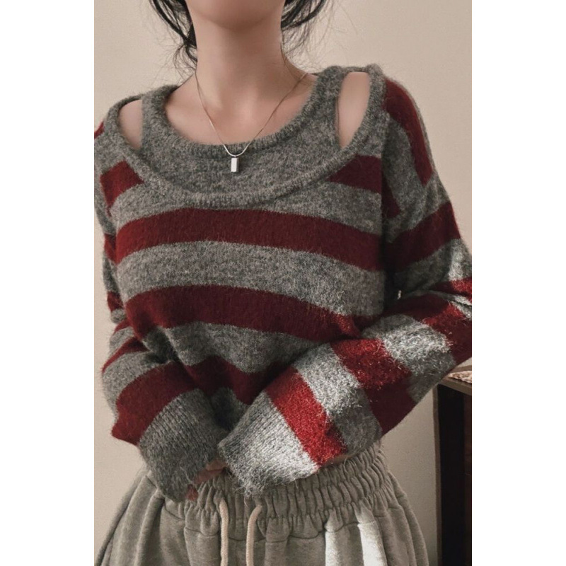 2025秋韩版秋季设计感条纹拼接假两件气质宽松百搭软糯针织上衣