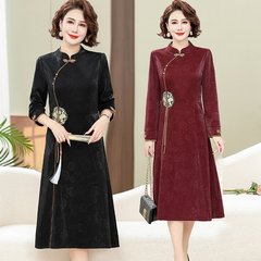 妈妈秋装连衣裙洋气高贵复古立领长袖旗袍裙子春秋中老年2025新款