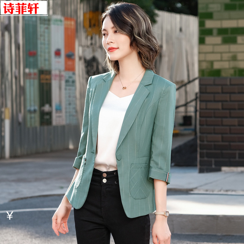 2021春夏跨境貨源OL中袖短款條紋外套韓版中長款中袖外套女批發