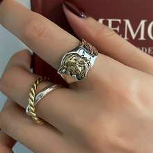 欧美S925银复古头像戒指女个性撞色交叉几何不规则开口指环食指戒