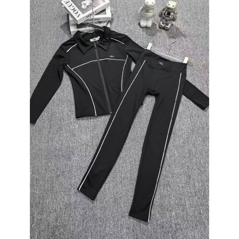 Alo Yoga Set for Women, Stand-Up Collar, Zipper, Long-Sleeved Sports Top, High-Elastic Quick-Drying Fitness Pants, Stripesd Splicing, Slimming Look