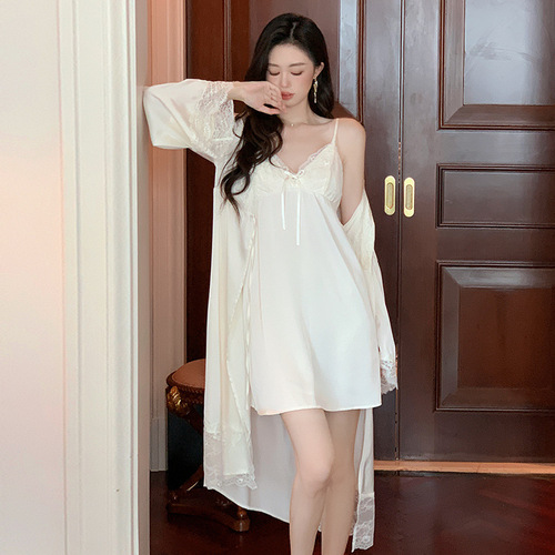 French new sexy suspender nightgown, spring, autumn and summer elegant ice silk French fairy dressing gown home wear two-piece set