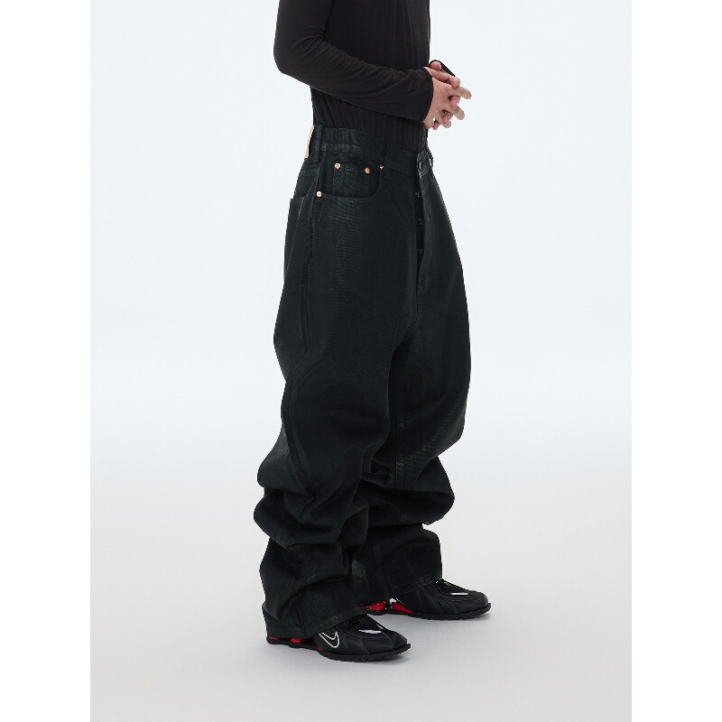 2025 Wax-Coated Silhouette Heavy Stiff Deep-Crotch Loose Straight-Leg Floor-Length Denim Stacked Pants