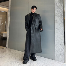 韩版复古大气长款皮风衣气质宽松高级感过膝大衣外套pu皮西装领