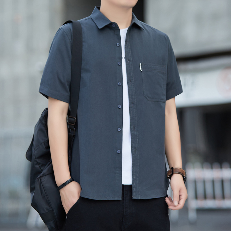 Pure Cotton Short-Sleeved Shirt Men's Summer Thin High-End Casual No-Iron Top Pure Color Versatile Shirt Jacket