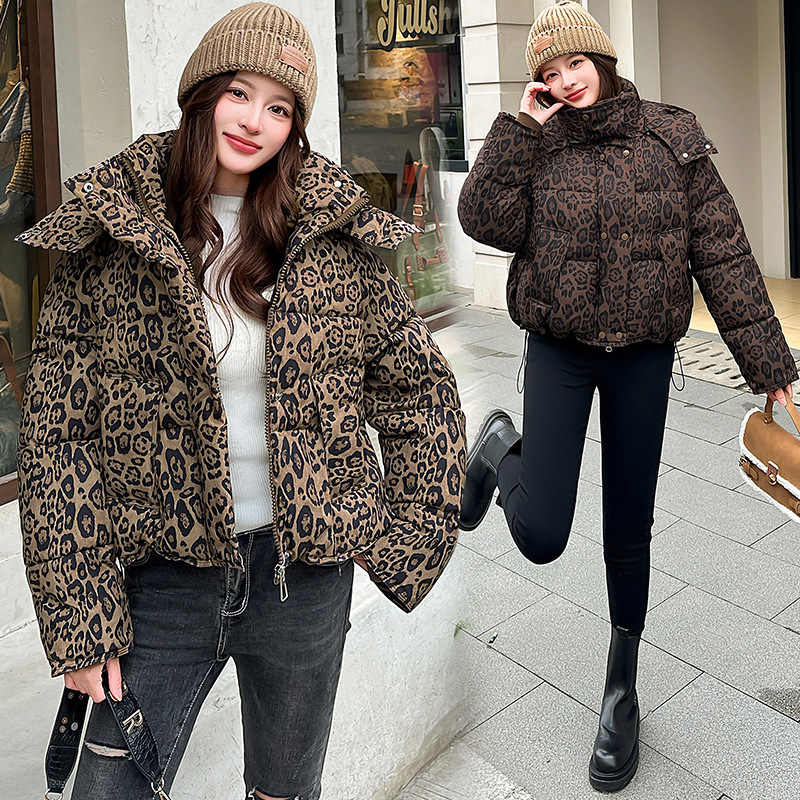 Transfronterizo 2025 otoño y invierno nuevo estilo americano leopardo chaqueta de algodón mujer gruesa chaqueta de cuello corto image 1