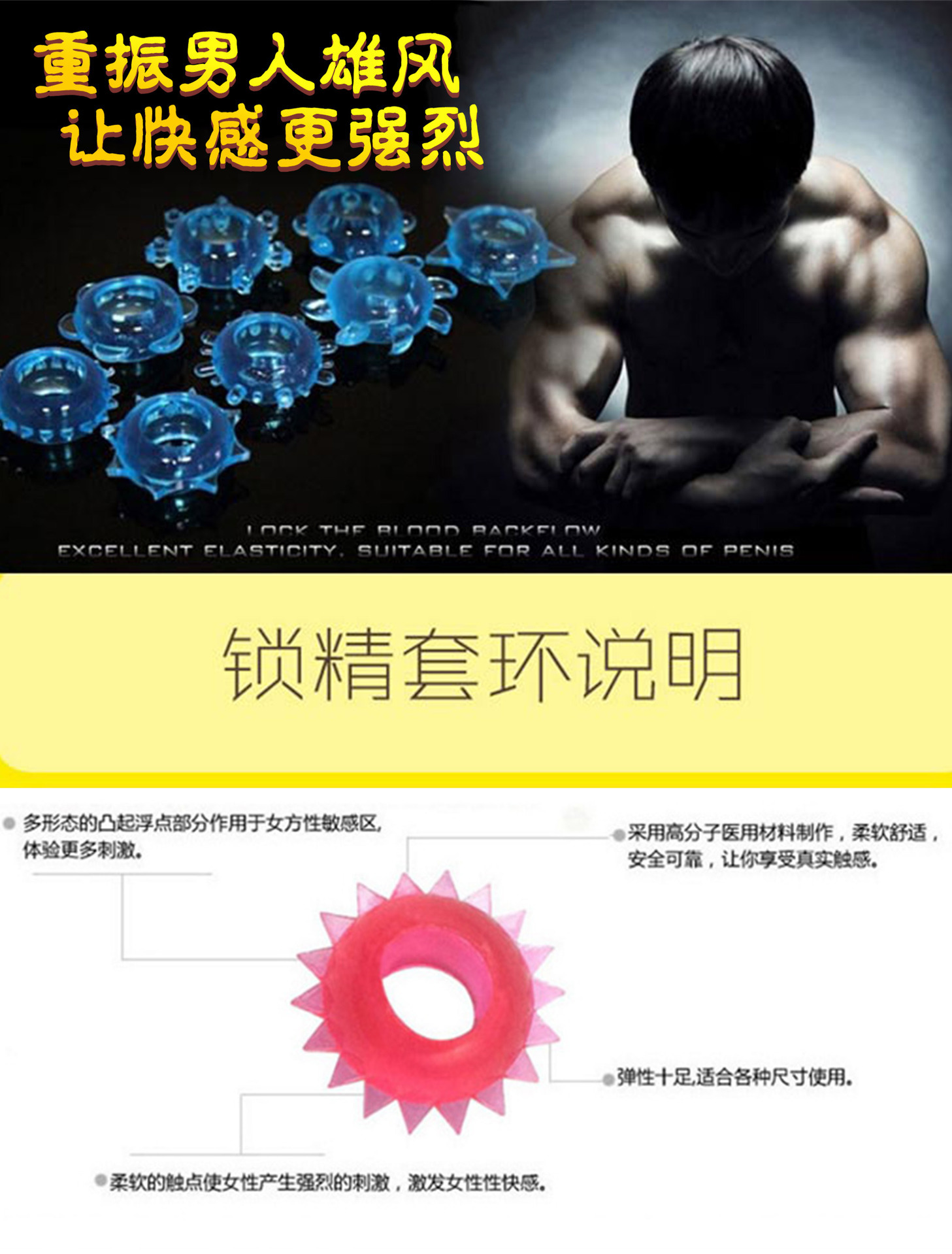 Colorful Silicone Locking Ring with Spikes, Manual Adult Toy — detail image 5