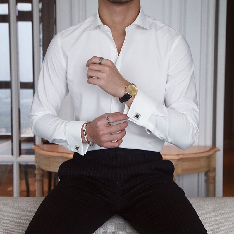 Autumn French Button White Long Sleeve Cuff Shirt Wedding Business Dress Non-ironing Shirt Slim Fit Top Men's Trendy