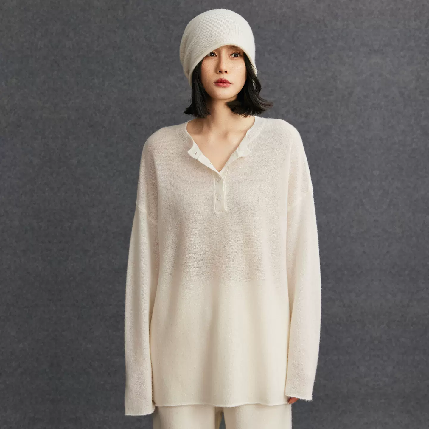 自由领女士中长款大码女士羊绒衫慵懒风针织毛衣百搭简约毛衫