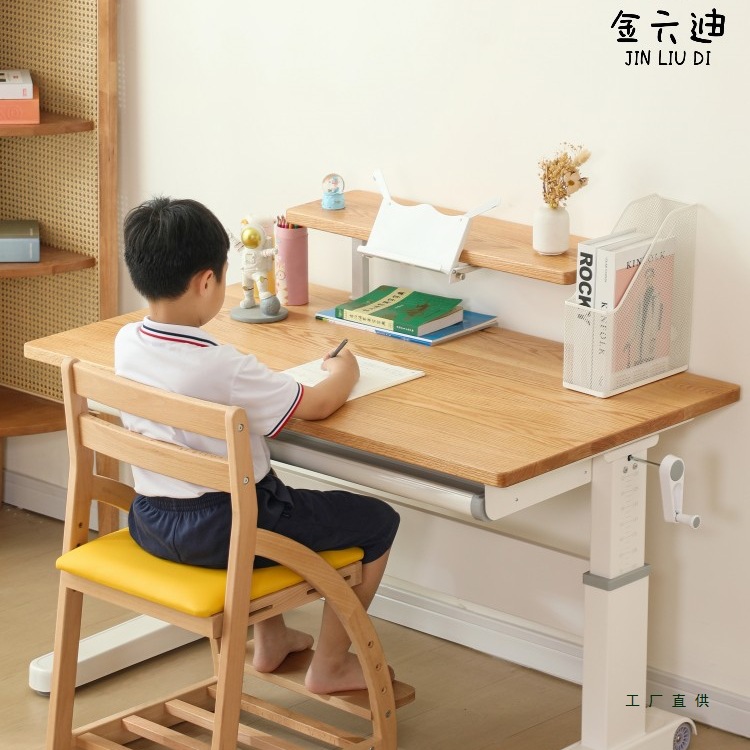 Children's Solid Wood Study Table Can Be Lifted Red Oak Primary School Student Desk and Chair Set Writing Table Home