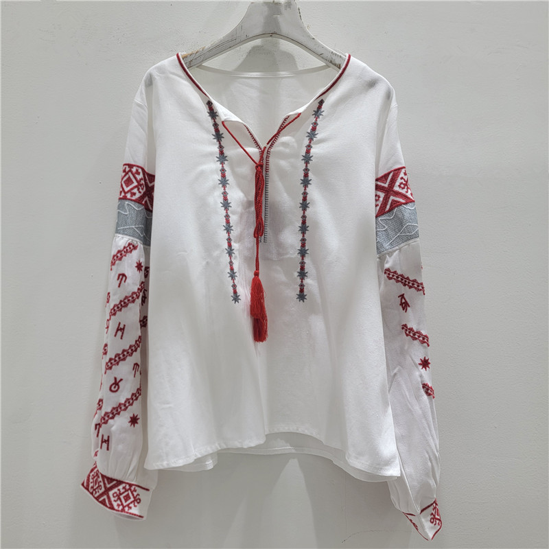 Camisa con Bordado y Manga de Linterna para Mujer de Poliéster Cuello Redondo image 1