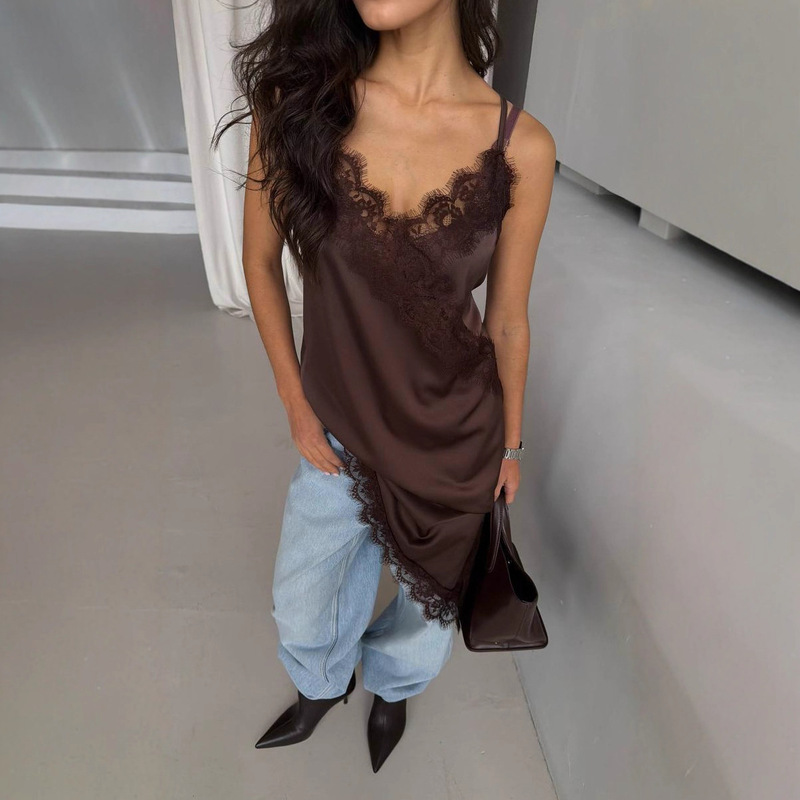 French Sexy Lace Splicing Camisole Women's Summer Niche Design Mid-Length Camisole Tops Wholesale