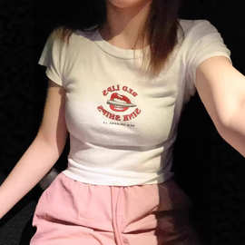 BM风 美式夏季圆领白色嘴唇字母印花修身短袖T恤女辣妹短款上衣潮