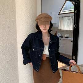 复古丹宁蓝牛仔外套女短款休闲夹克2026春秋新款气质短牛仔衣