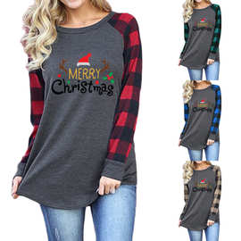 2020亚马逊热卖外贸女上衣 圣诞老人图案印花圆领插肩长袖t恤女