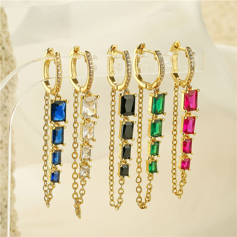 9g Weight Zircon Inlay Material Drop Earrings Classification 1 Pair Quantity 1 Pair Simple Style Shiny Rectangle Chain Inlay Copper Zircon Drop Earrings