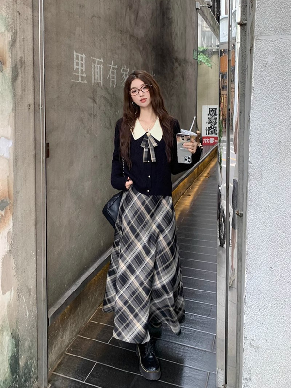 2025春秋新款百搭黑白条纹松紧腰半身裙毛呢百搭中长裙子格子裙女|undefined