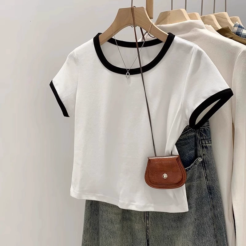 Футболка с круглым вырезом из хлопка с короткими рукавами на плече, женская новая летняя стройная стройная, тонкая дизайнерская, нишевая короткая топ
