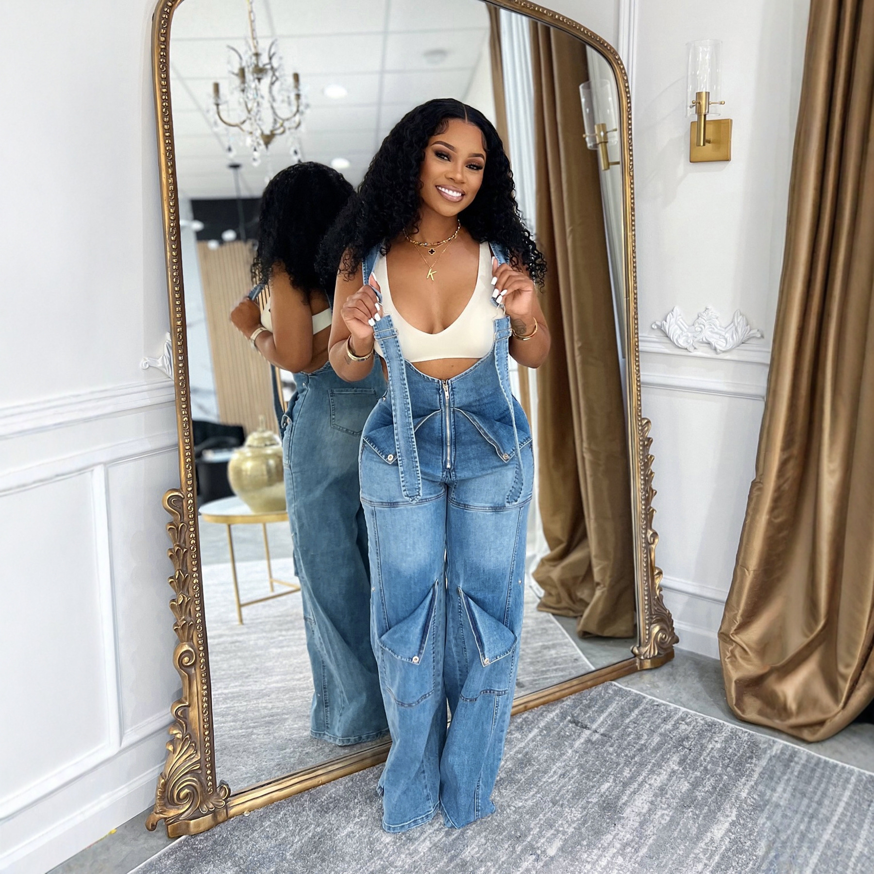 S391400 Cross-border European And American Loose Version High-waisted Denim Overalls, Women's Fashion Casual Wide-leg Jumpsuit_ecoleips.com