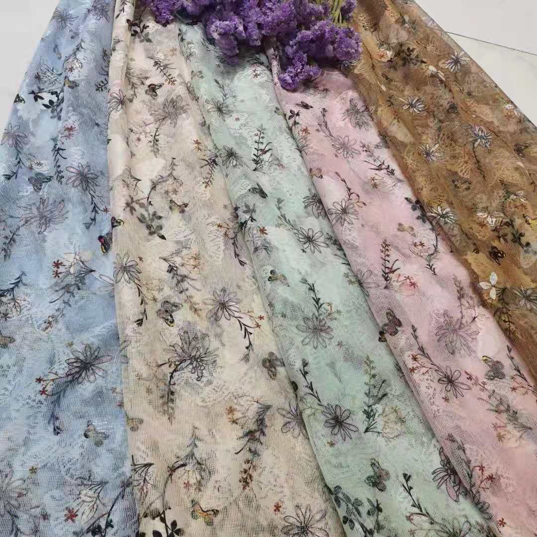 新款现货供应~涤纶无弹大小蝴蝶蕾丝底布数码印花 裙装等蕾丝面料