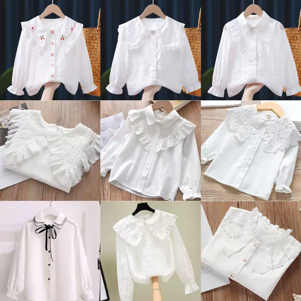 Pure Cotton Lace White Girls' Base Shirt Top for Young Children, Students, Long-Sleeve for Older Children, Children's Foreign Style