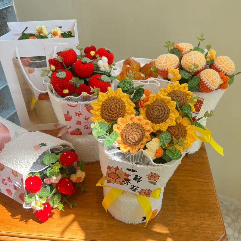 Valentine's Day Gift, Hand-Knitted Wool Fruit Strawberry Sunflower Bouquet, Finished Product, Birthday Gift for Girlfriend