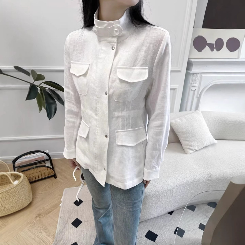 26 New Style Linen Stand-Collar Jacket with Multiple Pockets, Waist-Cinching, Height-Enhancing, Breathable, Spring and Summer, Casual, Simple Women's Top
