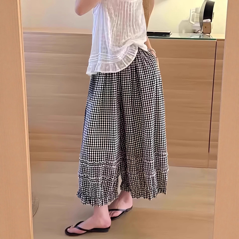 木耳边黑白格子阔腿裤女夏薄款2025新款松紧腰休闲宽松灯笼九分裤|undefined