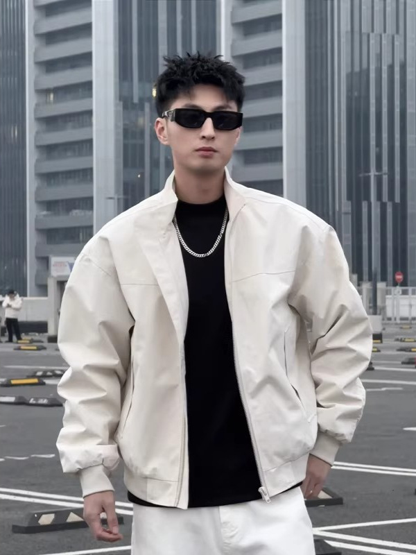 American-Style Cool and Sophisticated White Jacket for Men, Spring and Autumn Cleanfit Stand-Collar Pilot Coach Baseball Jacket