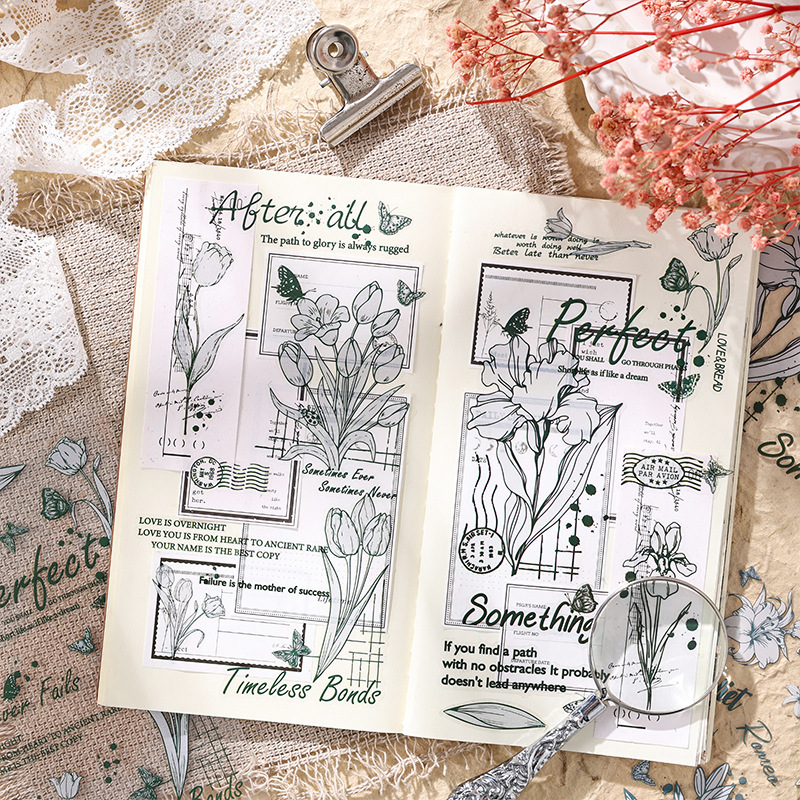 Flor poética transparente pegatinas impermeables para mascotas diy diario de mano pegatinas decorativas pegatinas florales retro transfronterizas