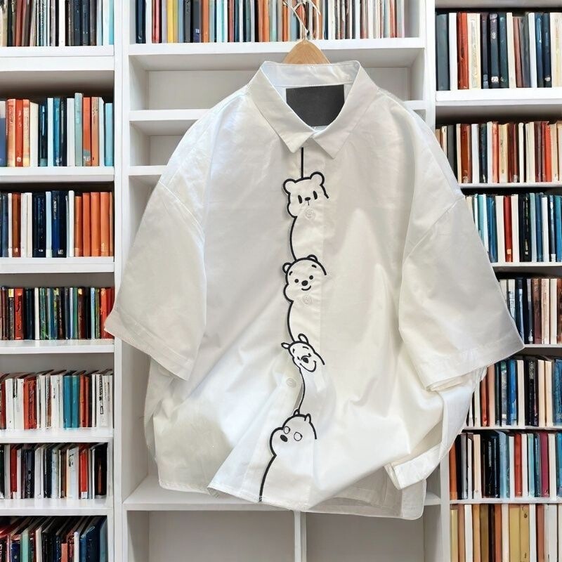 Plus Size 150kg Cute Bear Embroidery Salt-Style Short-Sleeve Shirt for Men and Women, Summer Loose Casual Outerwear Top