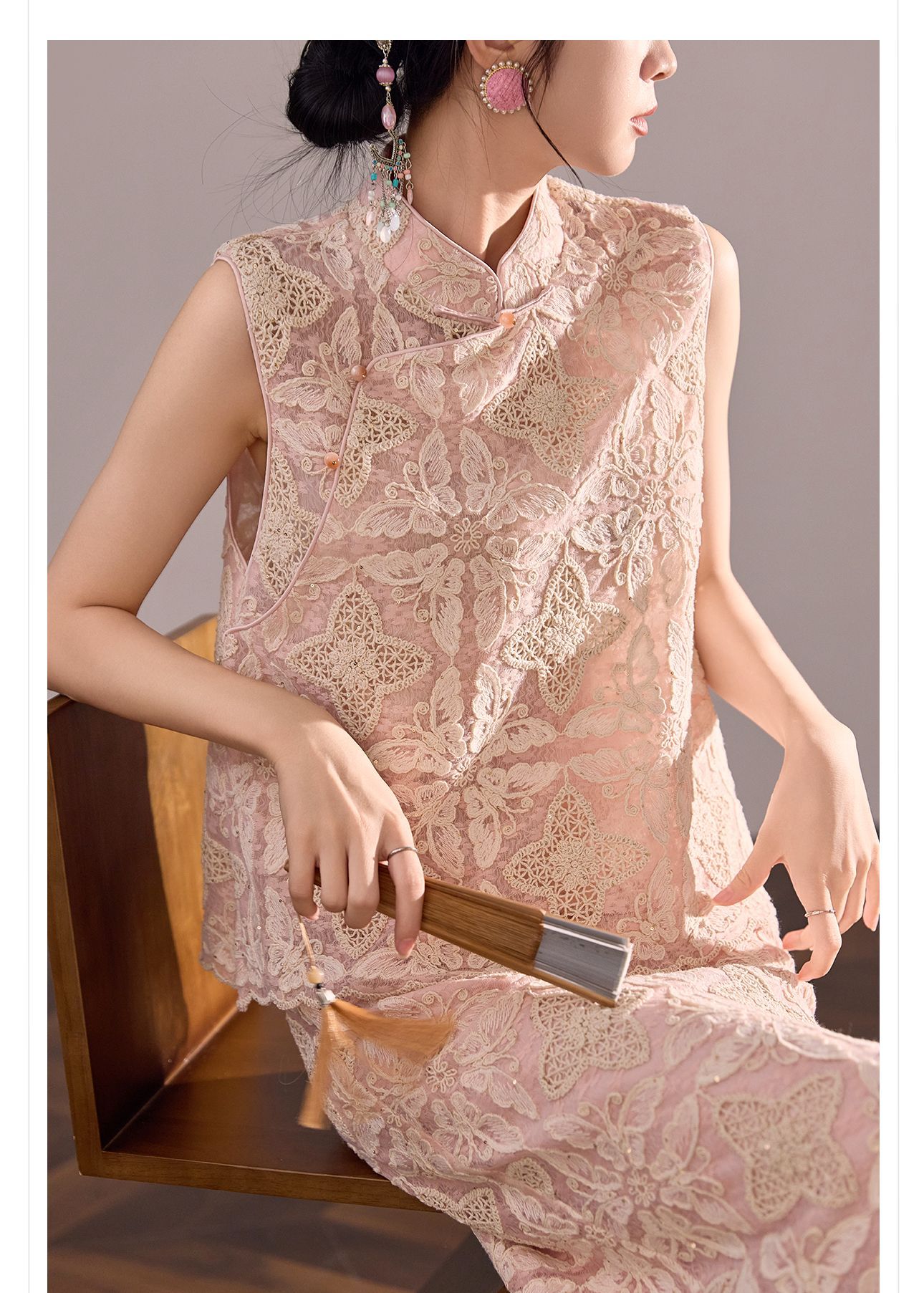 Set áo vest và chân váy ren thêu hoa phong cách Trung Hoa mùa hè — nửa váy, Trang chủ chi tiết 3