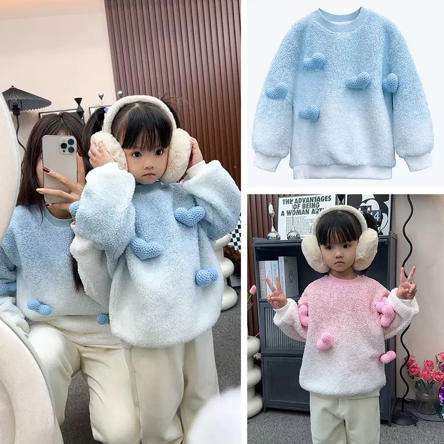 网红爆款亲子装一家三口圆领加厚羊毛羔过年全家装2025新款秋冬季