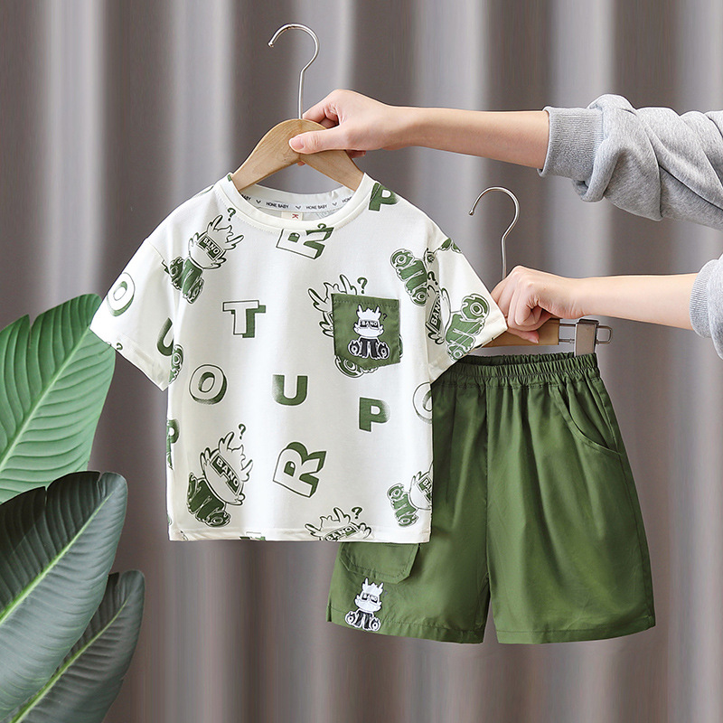 7173 Traje de verano para niños 2025 Nuevo estilo estilo occidental Camiseta estampada de manga corta Traje delgado de moda de dos piezas
