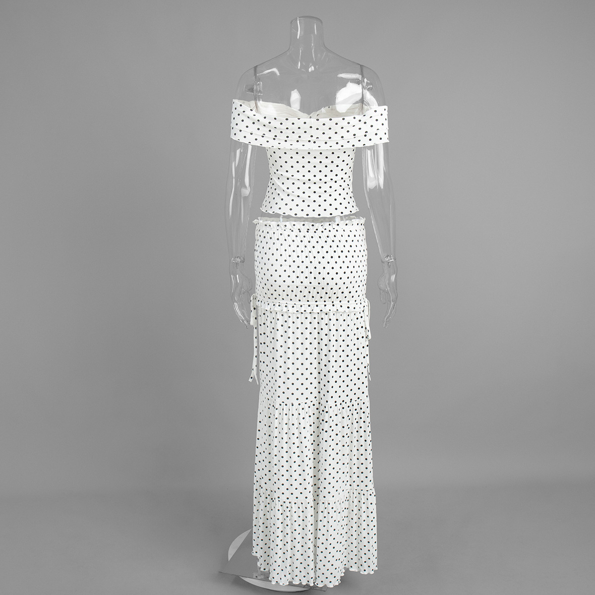 Women's Polka Dot Skirt Set Off-Shoulder Top & Pleated Midi Skirt Summer New Arrival_ecoleips.com
