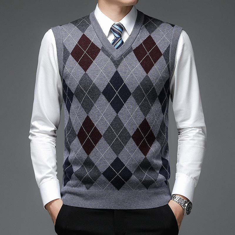 Cross-border men's knitted vest, business casual men's clothing, 60% wool blend, autumn and winter diamond pattern V-neck sleeveless sweater