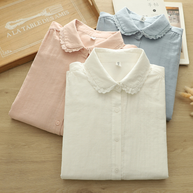 2051 Lair Collar Solid Color All-match Cotton Yarn Shirt Women's 2025 Spring New Artistic Casual Shirt Top