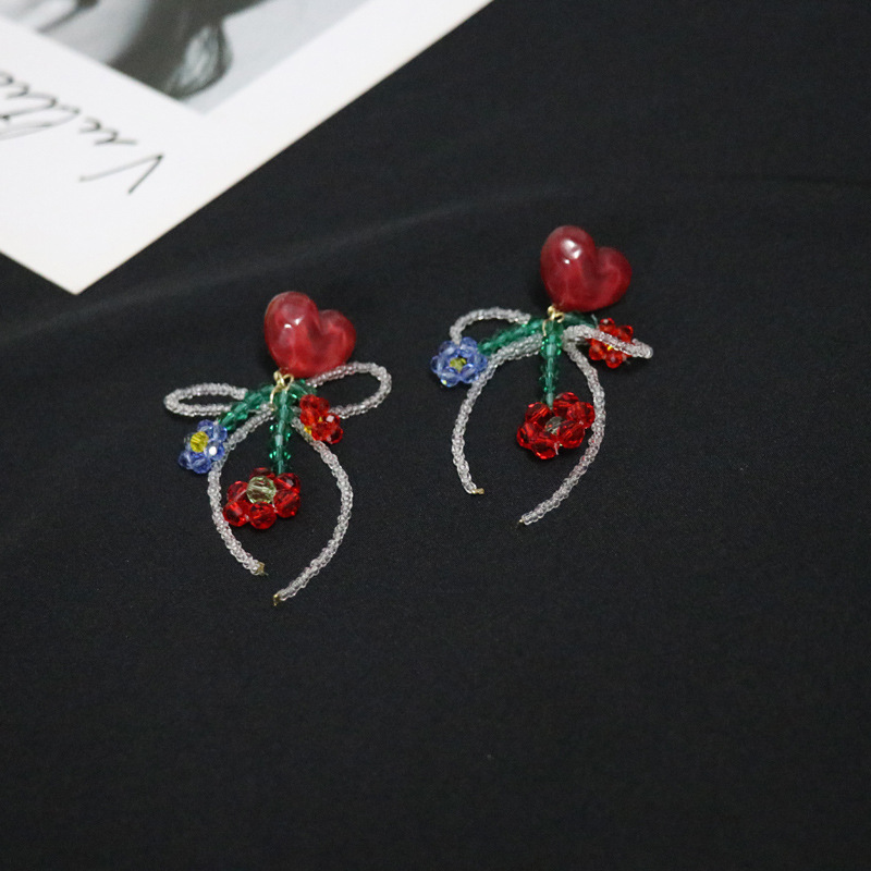 Fashion New Heart-shaped Red Flower Bead Bow Acrylic Earrings display picture 10