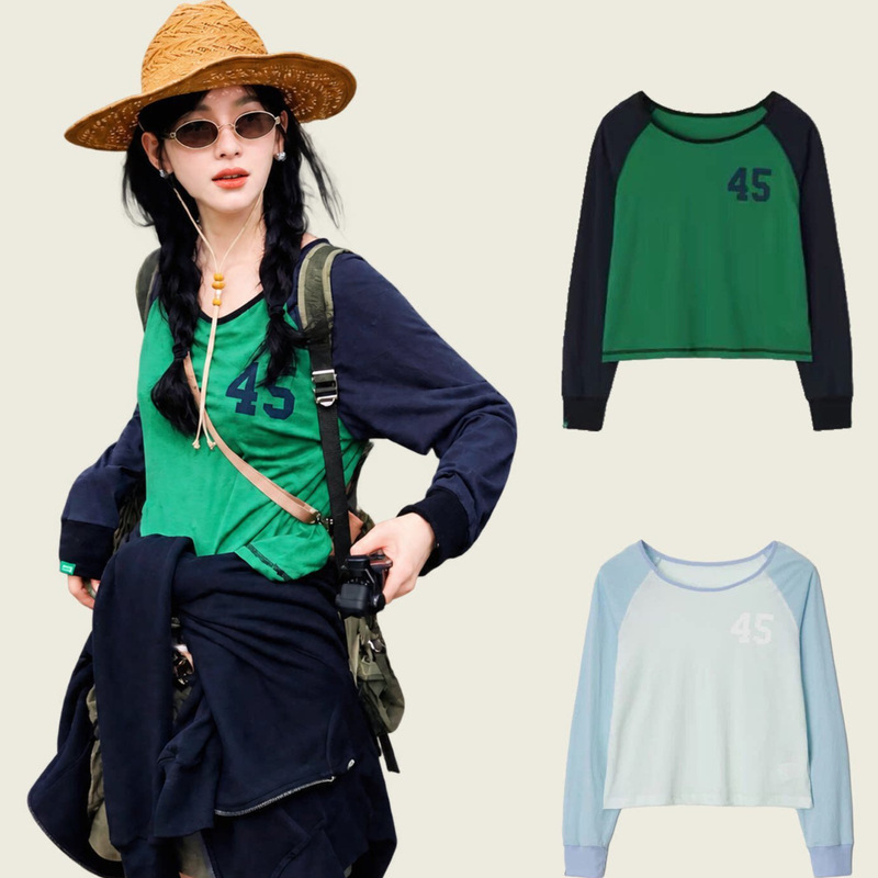 Korean niche fashion brand nocontent long-sleeve t-shirt for women, same style as worn by Zhang Ruonan and Jiang Hailin, with printed raglan sleeves