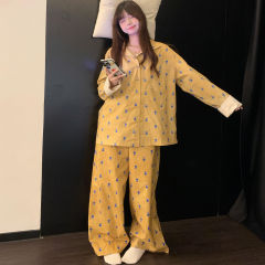 韩系高级印花长袖睡衣女2025春秋季新款开衫长裤家居服套装可外穿