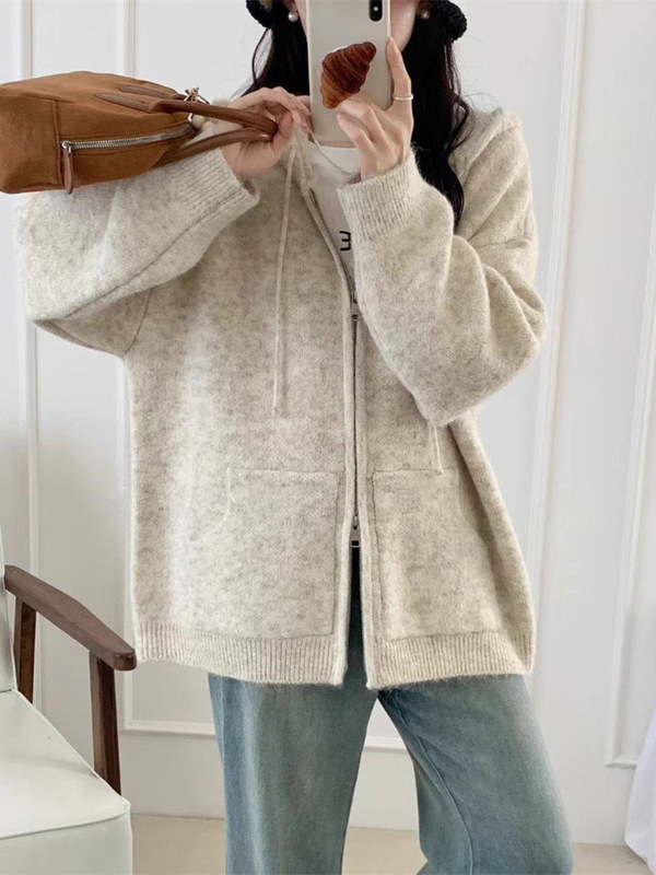连帽拉链毛衣开衫外套女秋冬软糯新款宽松慵懒风百搭休闲针织上衣|undefined