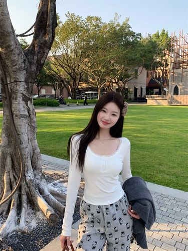 250g Comfort Fleece Lace Edge Camisole Top for Women, Round Neck, Fitted, Long Sleeve T-Shirt Top