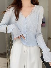 边薄款冰丝防晒开衫V领披肩女夏季韩系chic奶蓝色外套空调衫