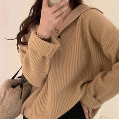 韓国系の襟付きニットウェアの女性上着2023秋冬の新しいゆるい純色の怠惰なセーターの女性ジャケット